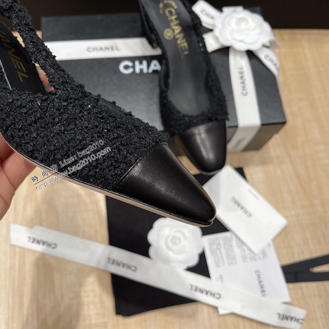 Chanel專櫃經典款女士拼色涼鞋 香奈兒時尚slingback拼色涼鞋平跟鞋中跟鞋 dx2580